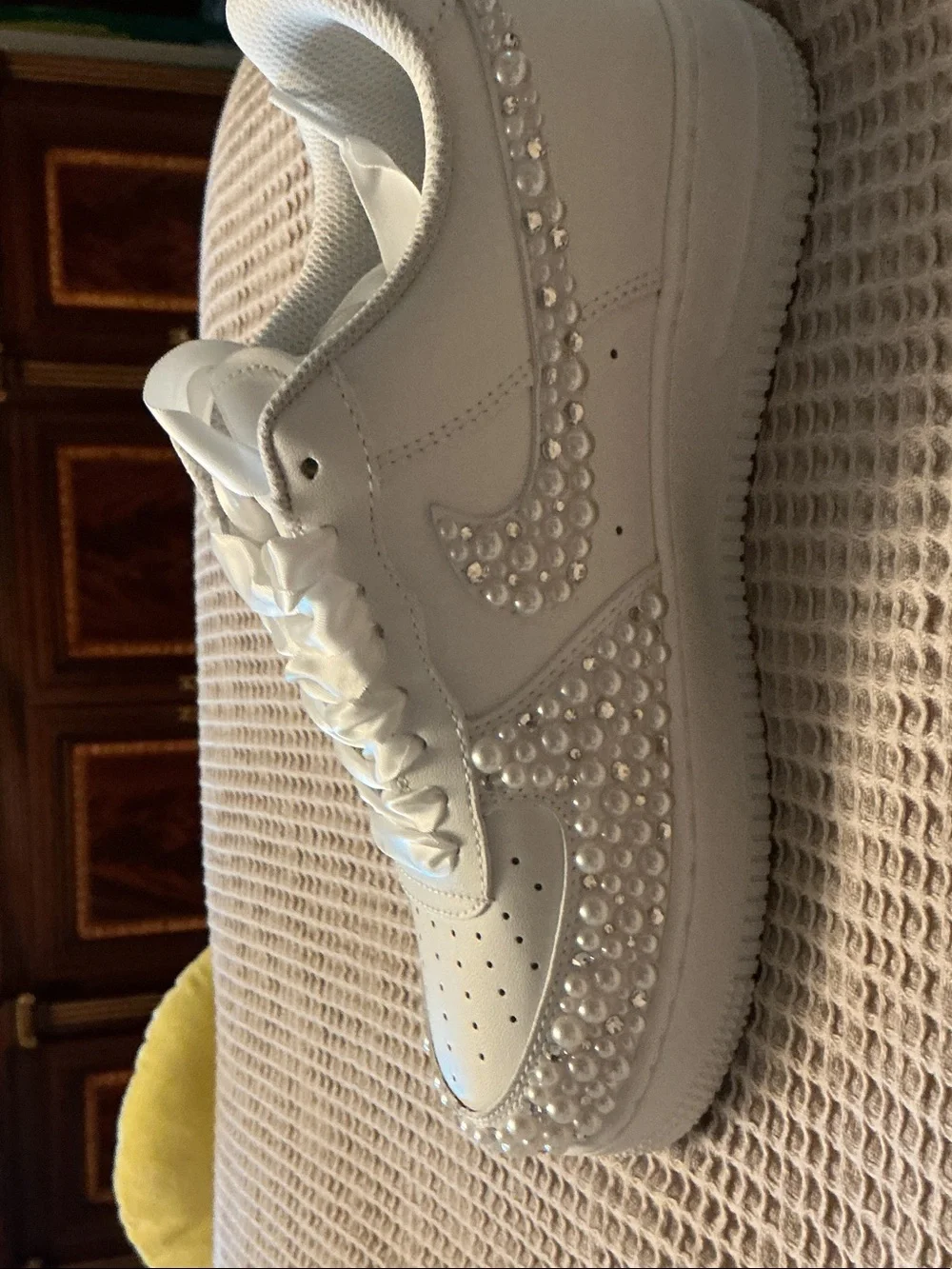 White Pearl-Embellished Women’s Platform Sneakers NEW